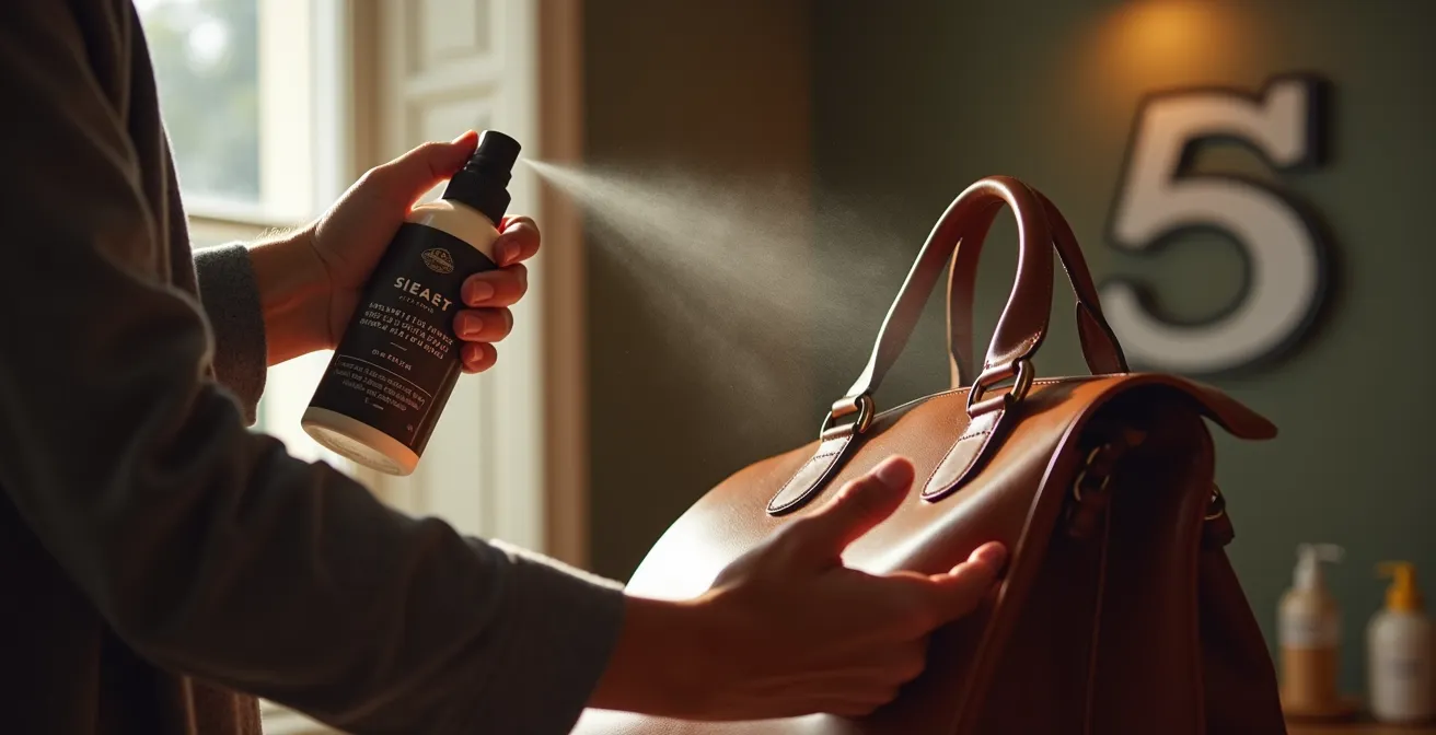 Application d'un spray protecteur sur un sac en cuir dans un environnement contrôlé