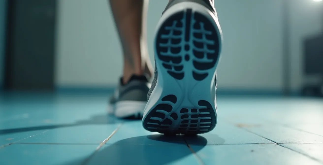 Vue macro détaillée du déroulé du pied en talon haut montrant la séquence talon-pointe