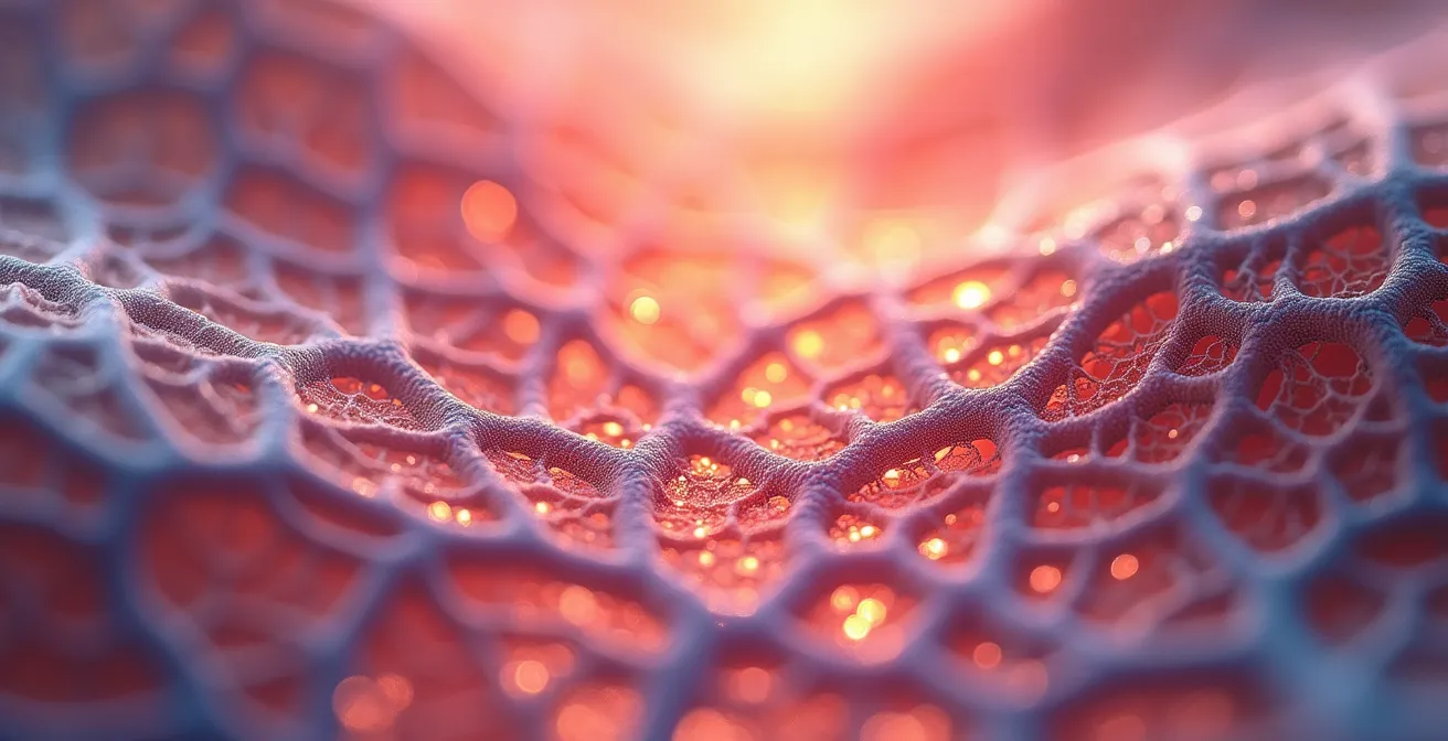 Vue macro de la surface de la peau montrant les capillaires sanguins sous l'épiderme