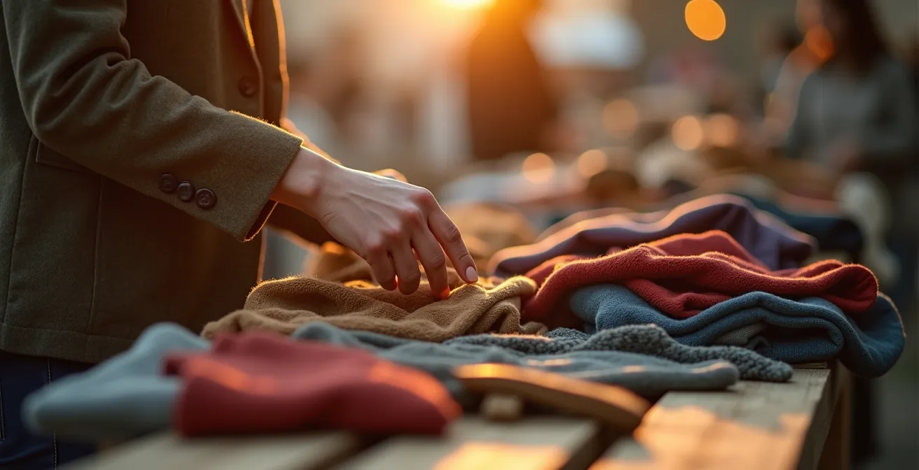 Vue d'ensemble d'un stand de brocante avec vêtements vintage variés