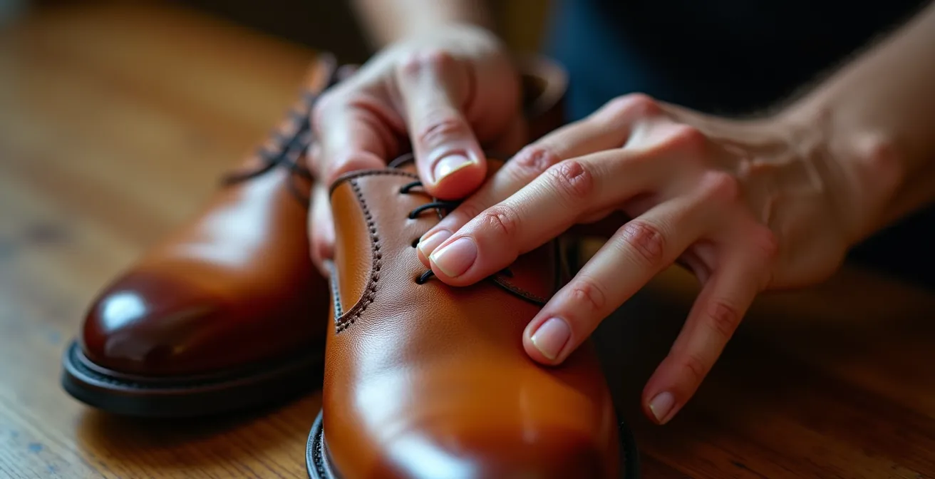 Gros plan sur des mains appliquant un produit d'entretien sur des chaussures neuves en cuir