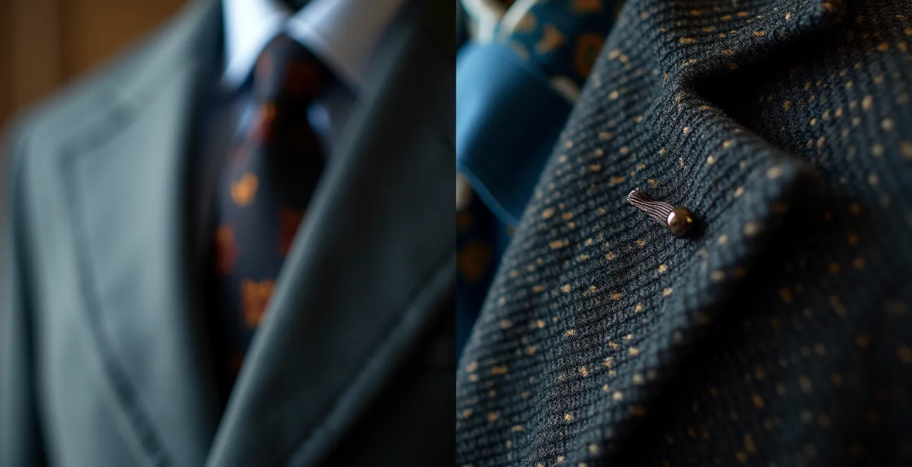 Détails macro comparatifs entre un blazer ancien aux revers fins et un blazer moderne aux épaules structurées