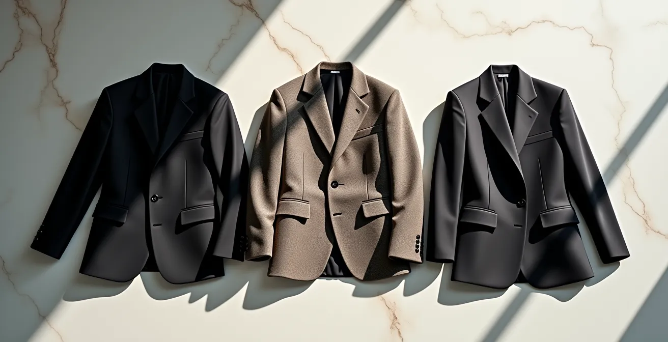 Trois vestes de créateurs posées côte à côte montrant les différences de coupe