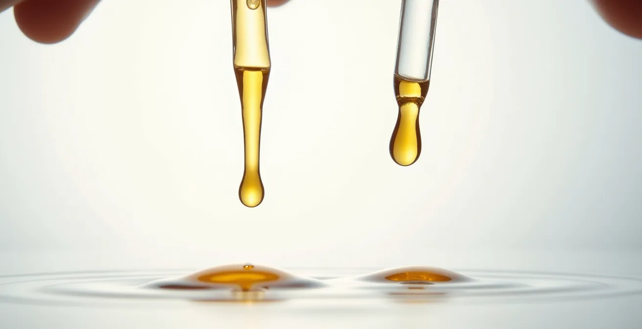 Gros plan sur deux pipettes de sérum aux textures différentes sur fond minimaliste