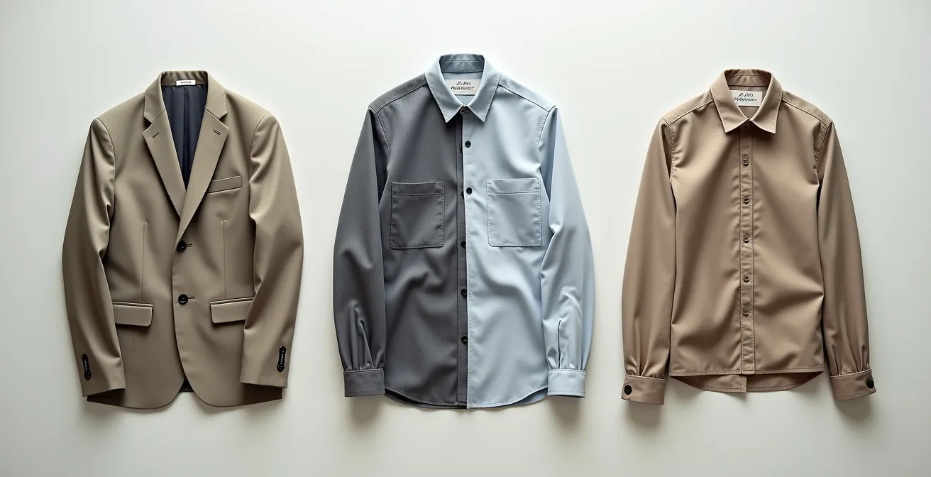 Vue aérienne de vêtements disposés en flat lay montrant différentes coupes et styles sans marques visibles