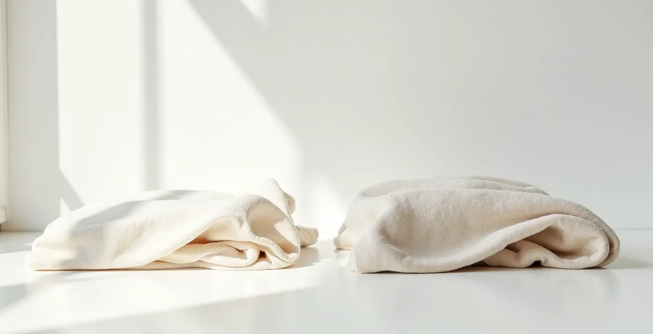 Comparaison tactile entre coton biologique et polyester recyclé montrant les différences de texture pour peaux sensibles