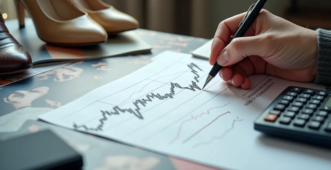 Main traçant une courbe de prix spéculative sur un graphique, symbolisant l'analyse du risque de décote sur le marché secondaire.