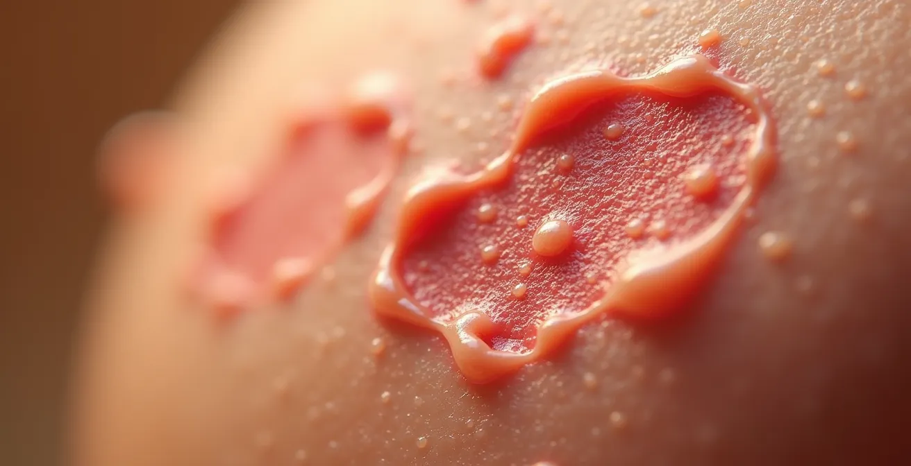 Gros plan sur une peau montrant le cycle inflammatoire du grattage avec zones rouges et irritées