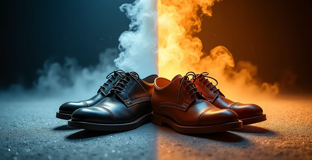 Chaussures vintage en cours de traitement par différentes méthodes de désinfection naturelles