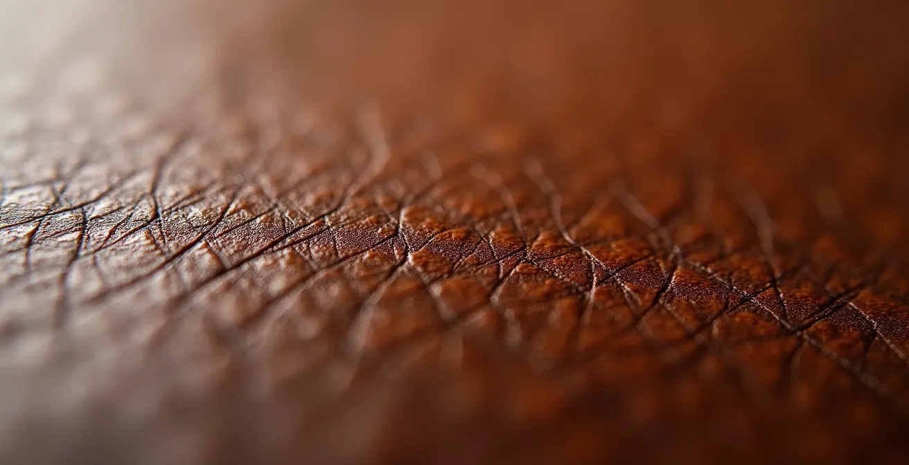 Gros plan sur la texture du cuir grainé d'un accessoire de luxe montrant la qualité des matériaux