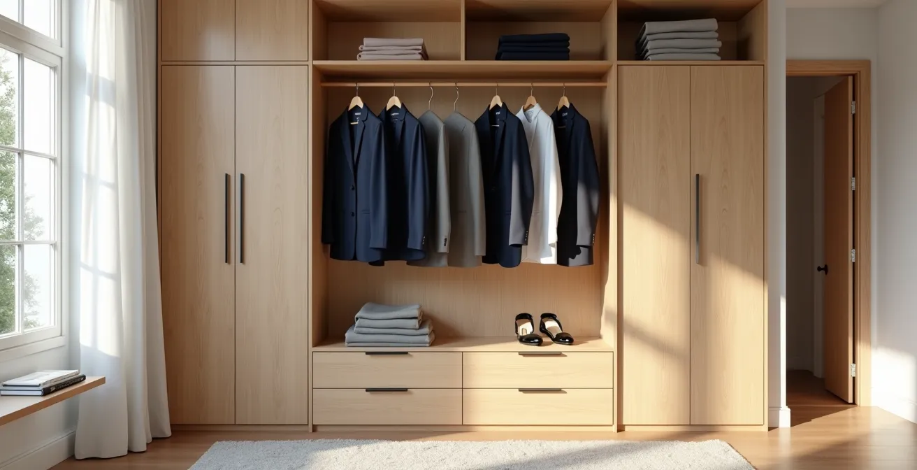 Vue d'ensemble minimaliste d'une garde-robe capsule professionnelle éthique