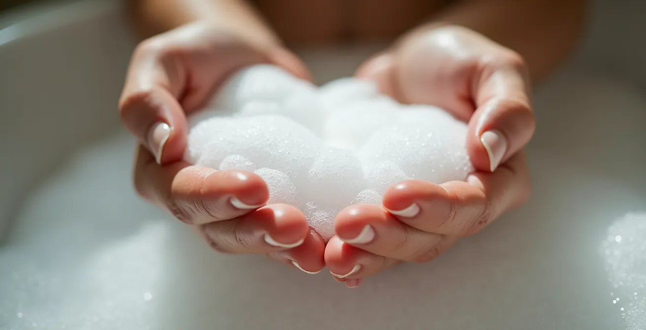 Gros plan sur des bulles de mousse naturelle se formant entre des mains