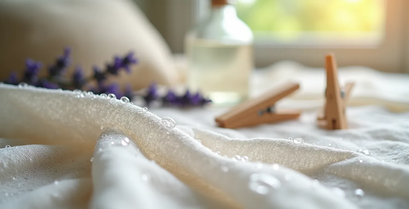 Gros plan sur des fibres de lin naturel avec des textures visibles et des produits d'entretien naturels