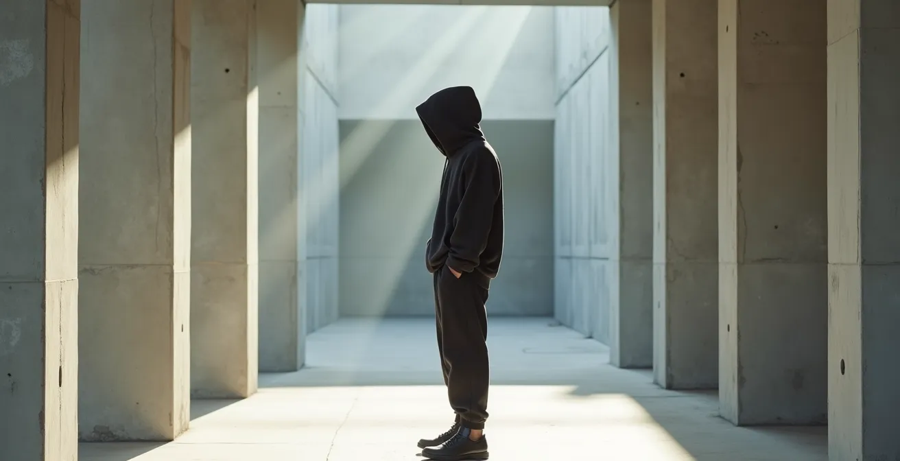 Composition minimaliste montrant l'équilibre des volumes dans une tenue streetwear