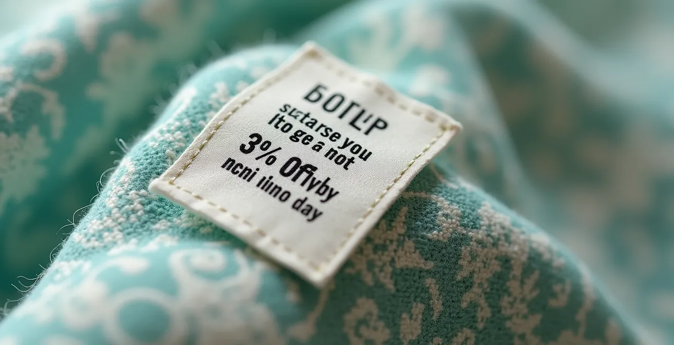 Gros plan sur une étiquette de vêtement montrant la composition en fibres recyclées