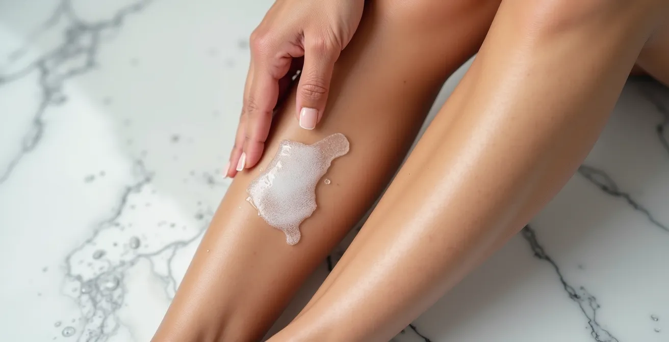 Gros plan sur des jambes féminines avec application d'un soin exfoliant doux