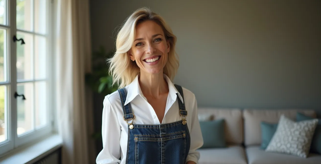 Portrait de femme quadragénaire souriante portant une tenue équilibrée avec une pièce tendance