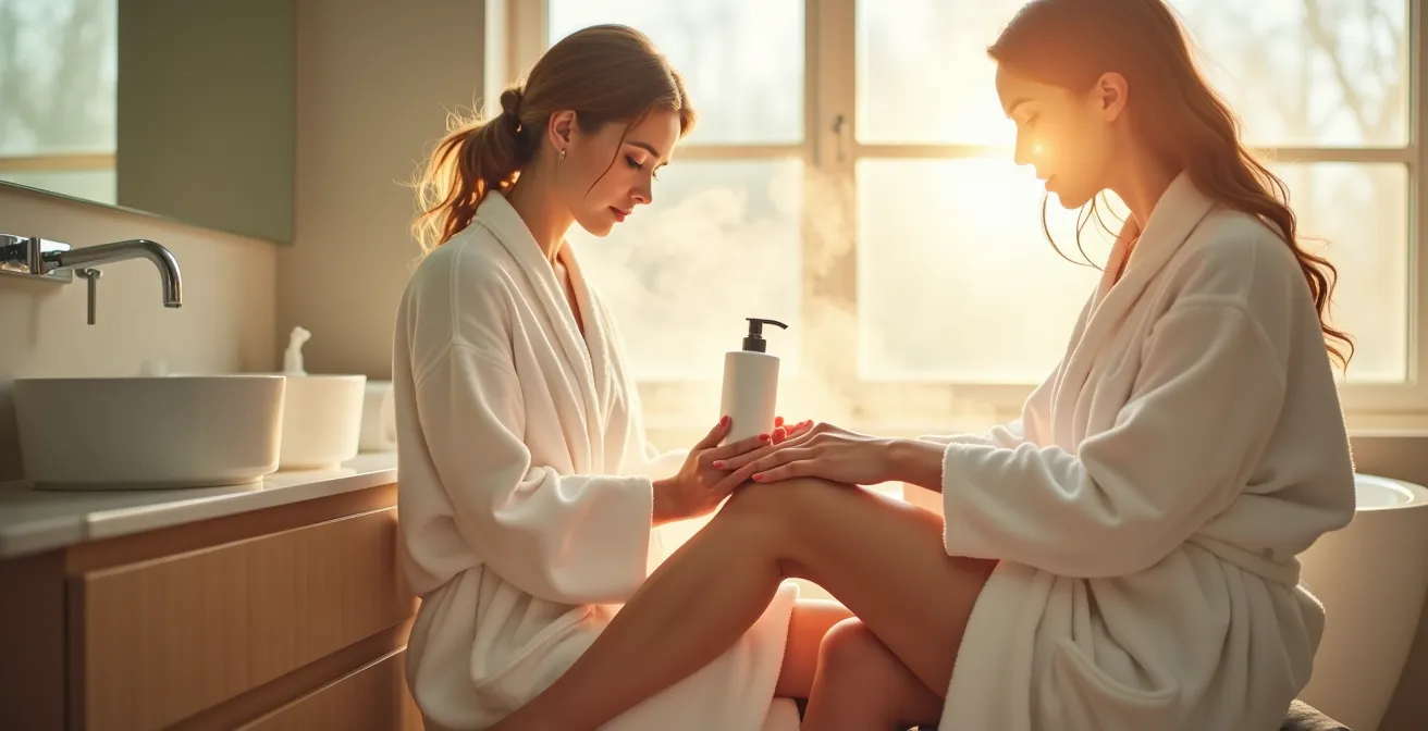 Femme en peignoir appliquant du lait corporel sur ses jambes dans une salle de bain embuée