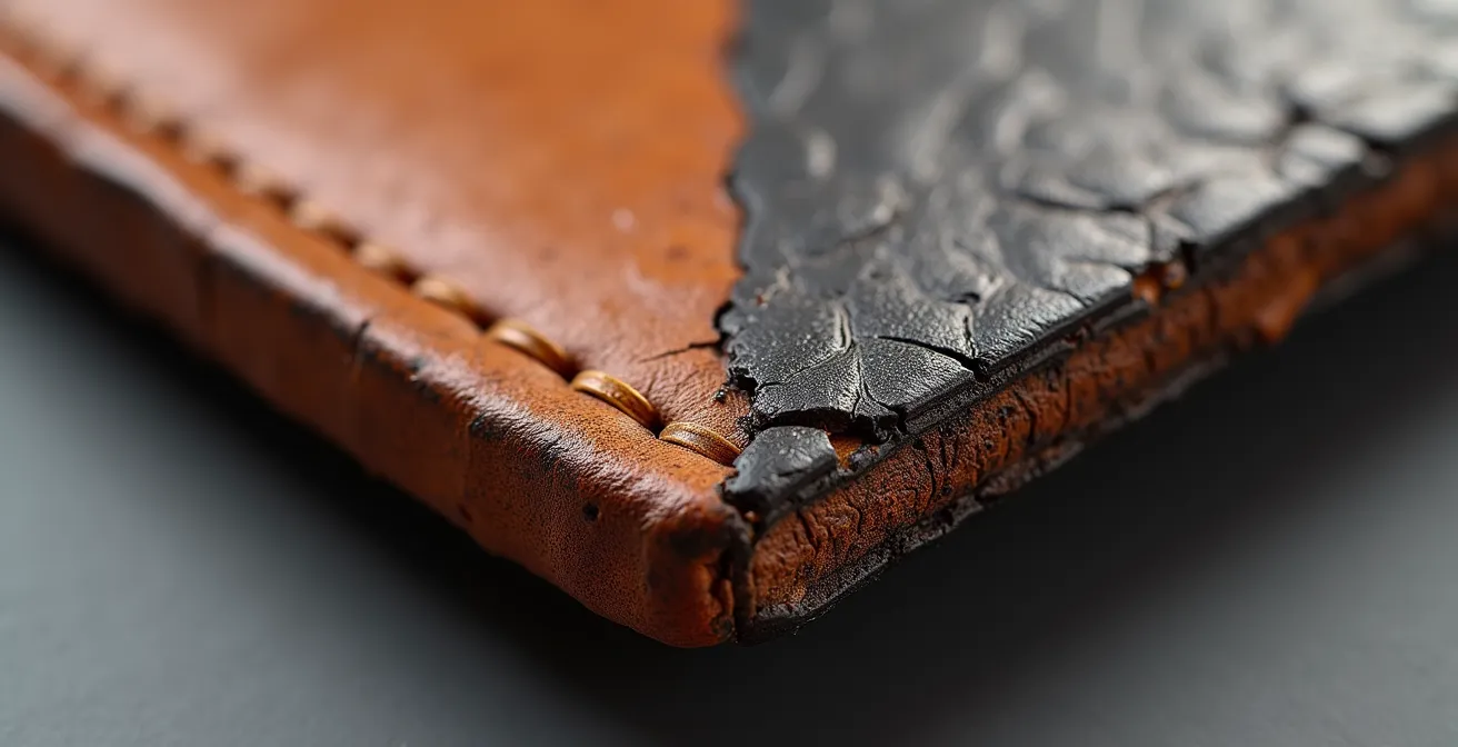 Comparaison macro entre une tranche de cuir avec finition artisanale et une tranche industrielle qui s'écaille