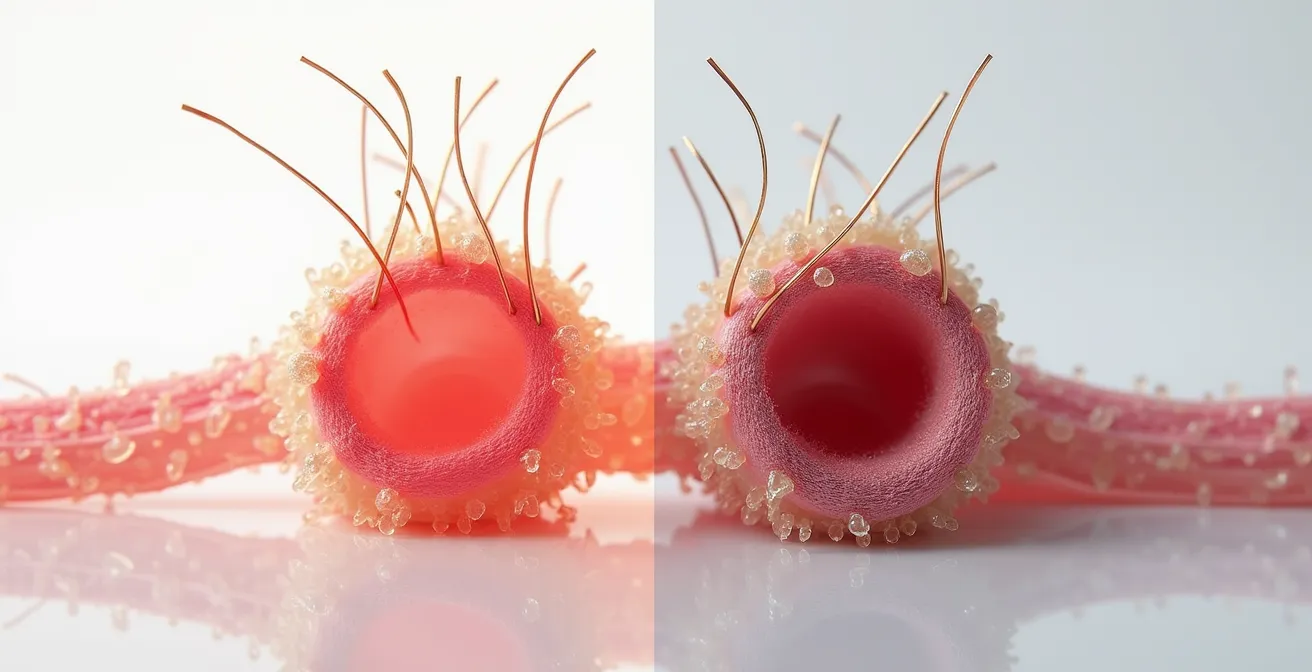 Vue microscopique comparative d'un follicule pileux sain et d'un follicule obstrué par des résidus
