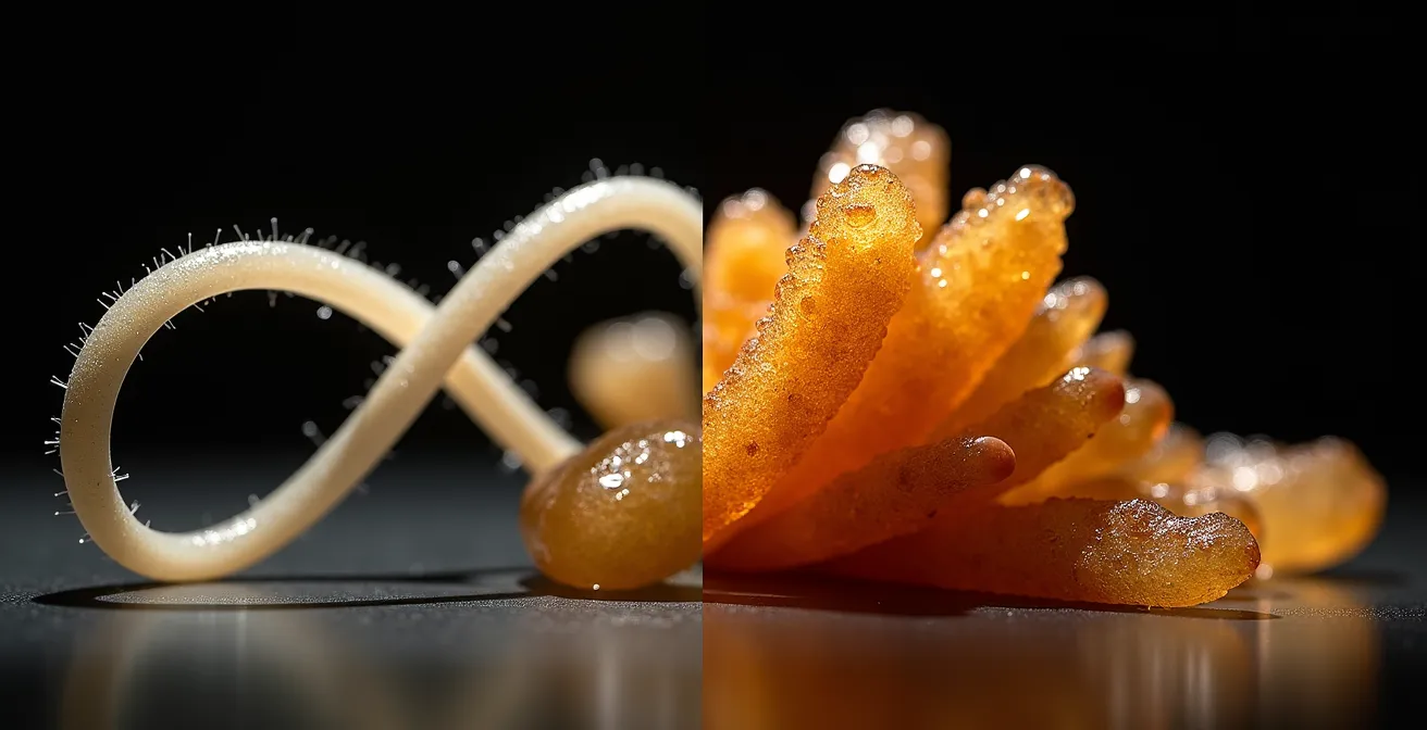 Comparaison visuelle entre fibres souples et fibres rigidifiées en macro