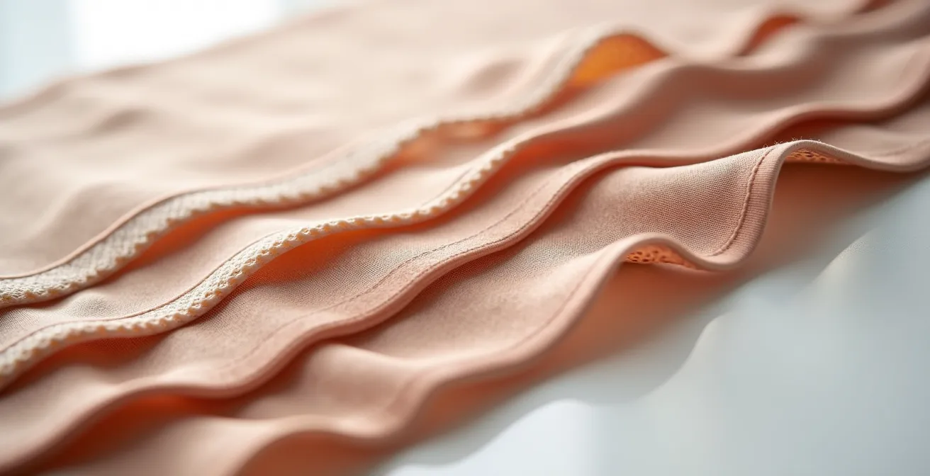 Gros plan sur différentes textures de tissus gainants avec mise en évidence des zones de compression