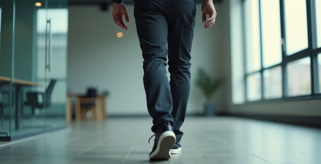 Homme en pantalon technique élégant marchant dans un espace de bureau minimaliste