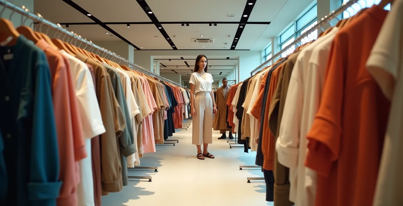 Vue d'ensemble d'un magasin de mode montrant le contraste entre la petite section éco-responsable et les rayons massifs de fast fashion