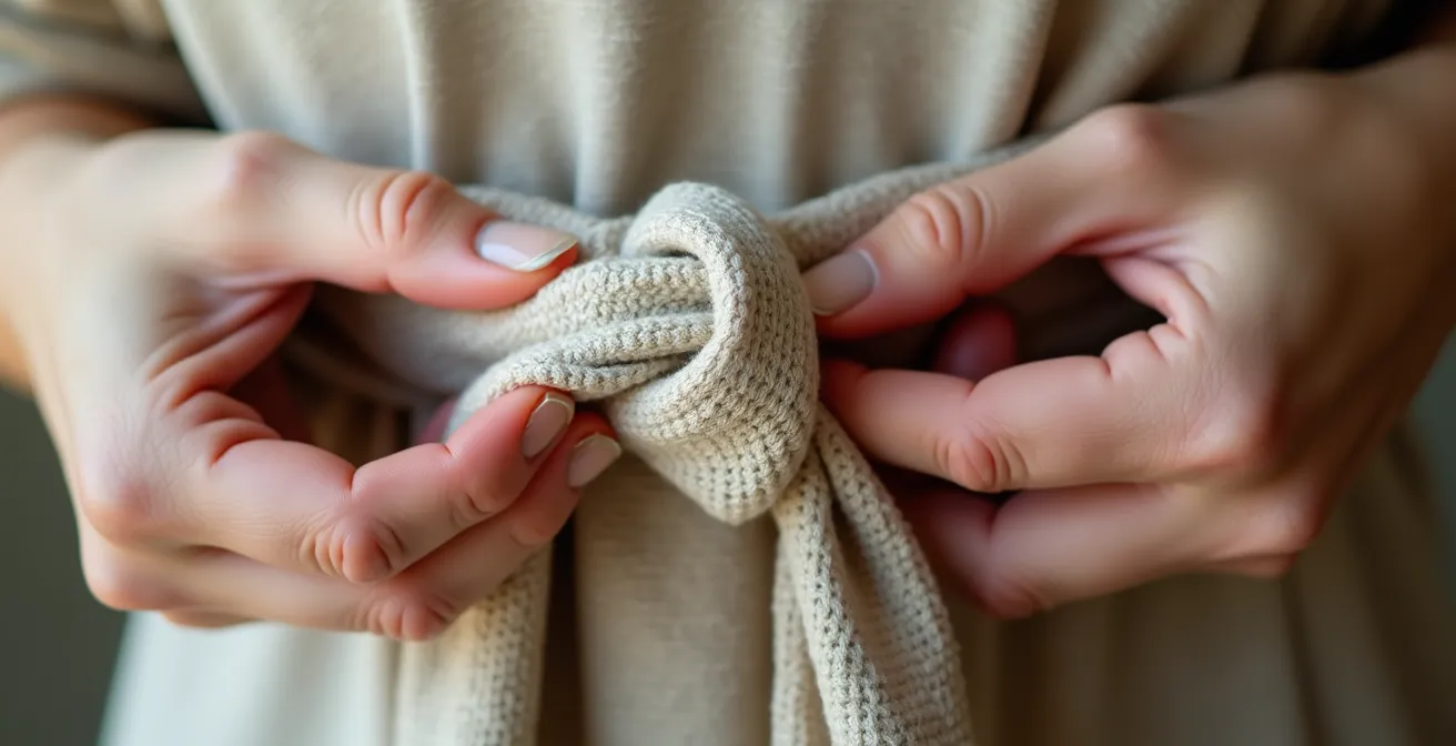 Mains expertes réalisant un nœud de ceinture en tissu avec technique professionnelle