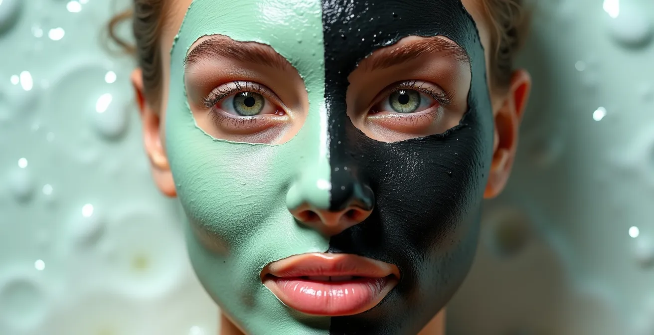 Comparaison visuelle entre un masque à l'argile verte et un masque au charbon actif appliqués sur la peau
