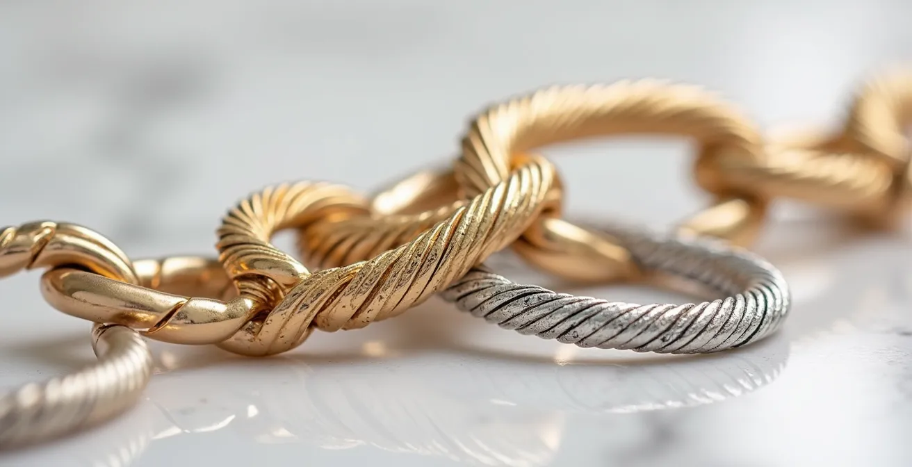 Composition harmonieuse de bijoux dorés et argentés entrelacés montrant l'élégance du mélange des métaux
