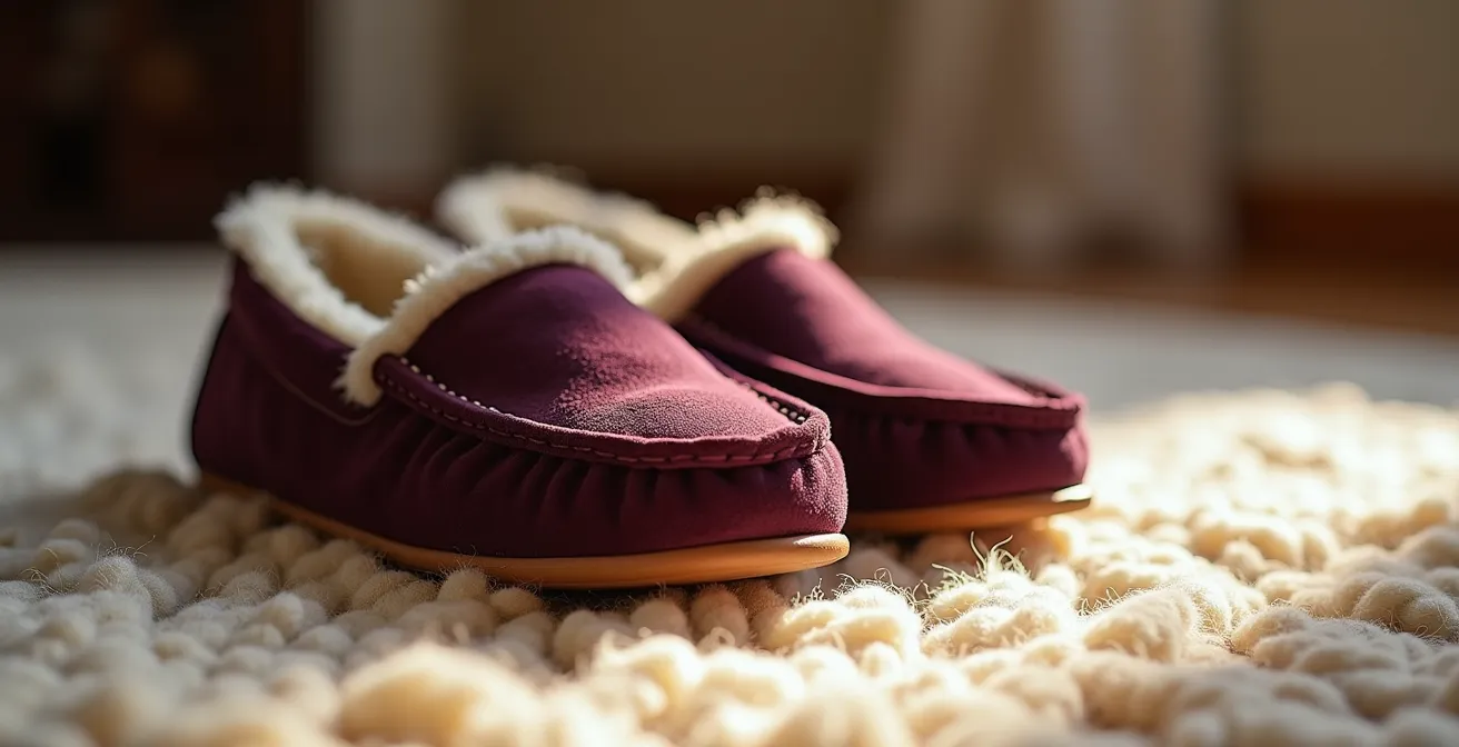 Mules d'intérieur élégantes en velours posées sur un tapis dans un bureau à domicile