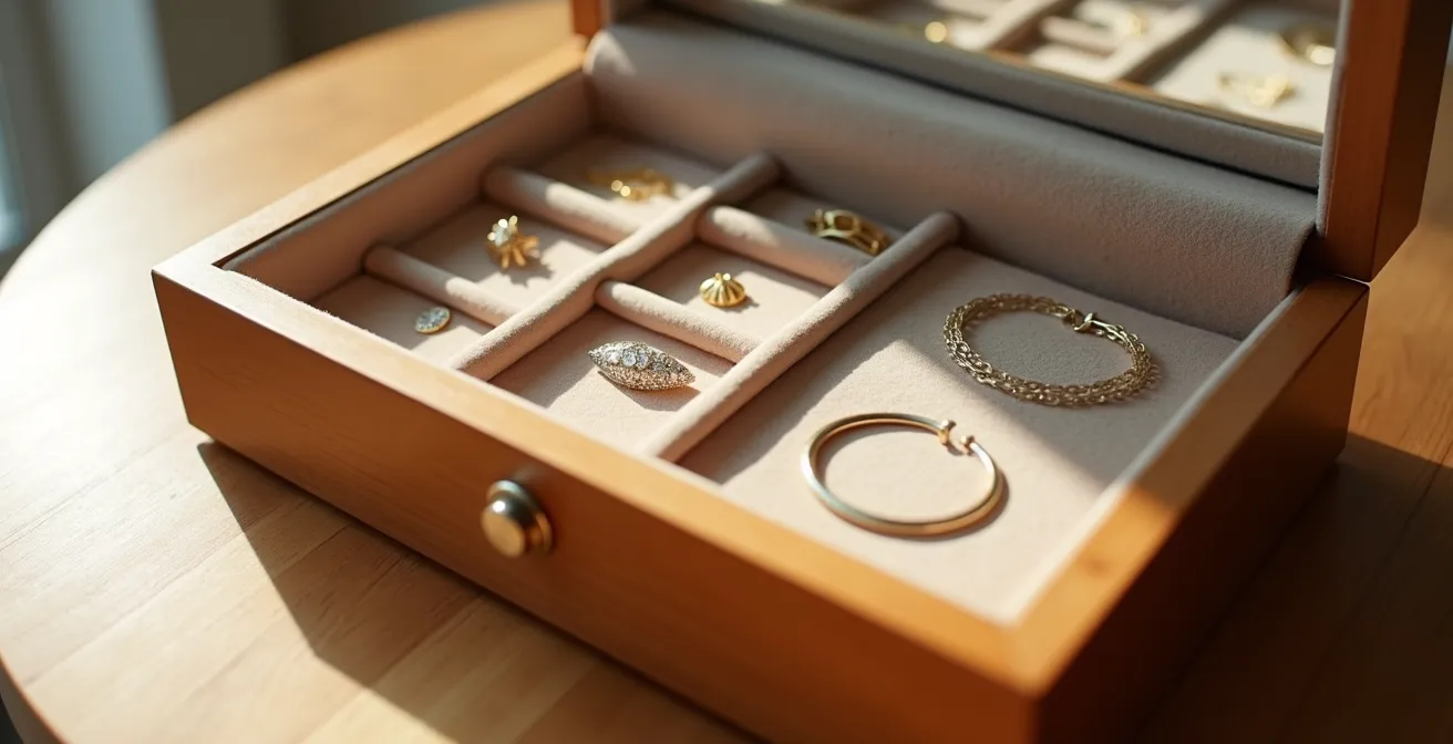 Boîte à bijoux organisée avec compartiments en velours et sachets anti-humidité