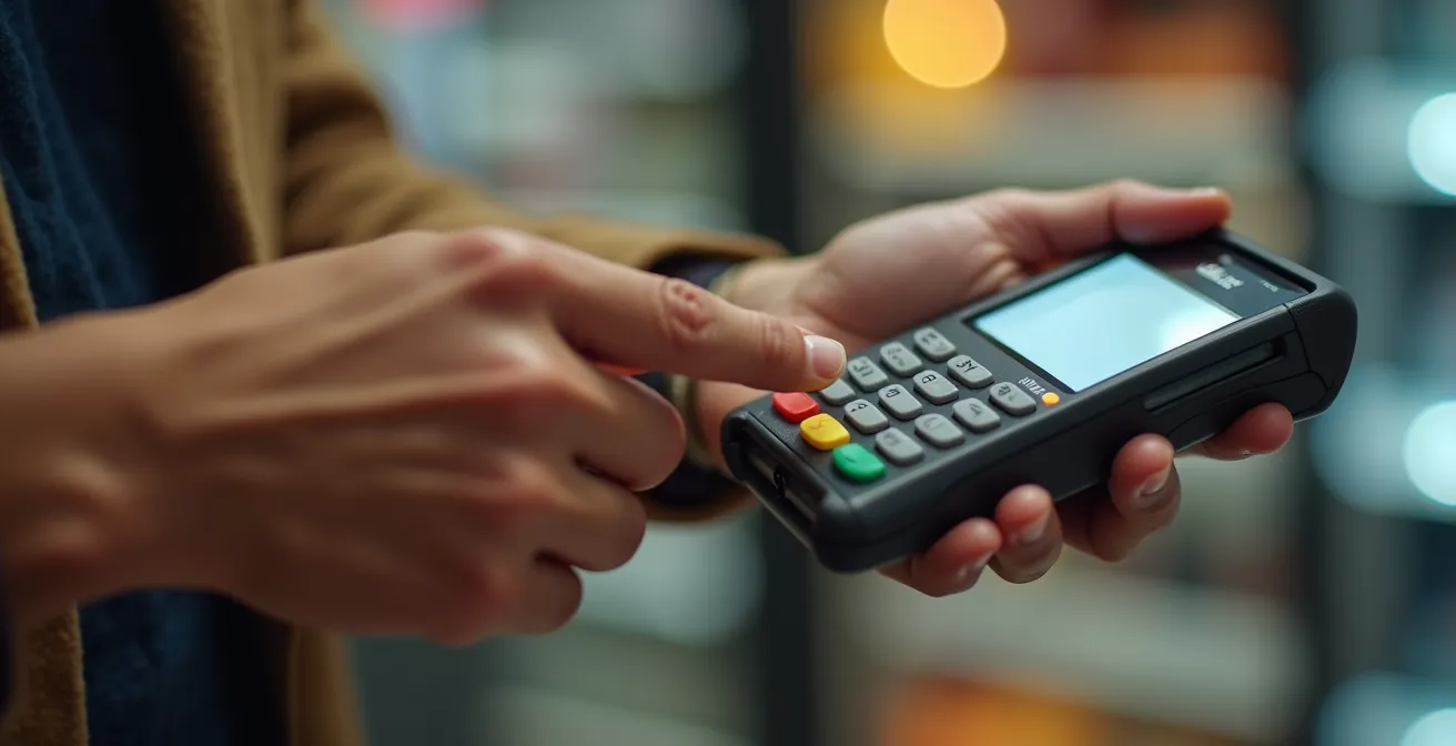 Mains tenant un téléphone avec geste de paiement sans contact près d'un terminal, illustrant la rapidité d'un paiement optimisé.