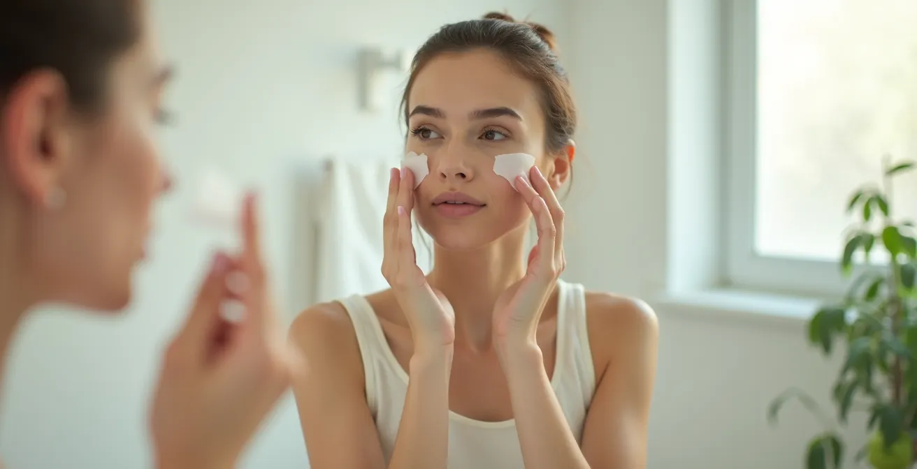 Application délicate d'un papier matifiant sur la zone T du visage