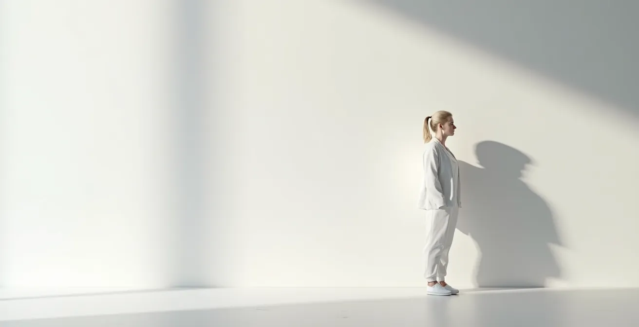 Vue latérale minimaliste montrant l'alignement postural avec talons hauts