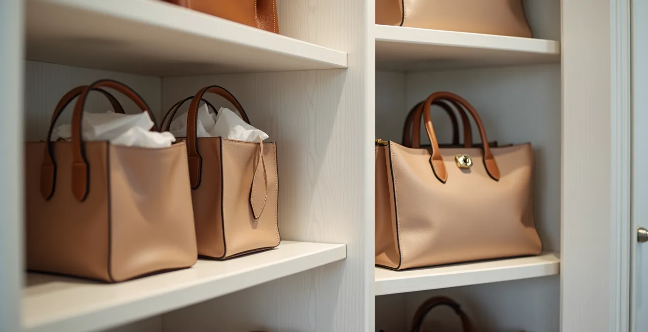 Intérieur d'une armoire avec plusieurs sacs de luxe rangés droits, rembourrés de papier de soie et accompagnés de petits sachets de gel de silice pour la protection contre l'humidité.