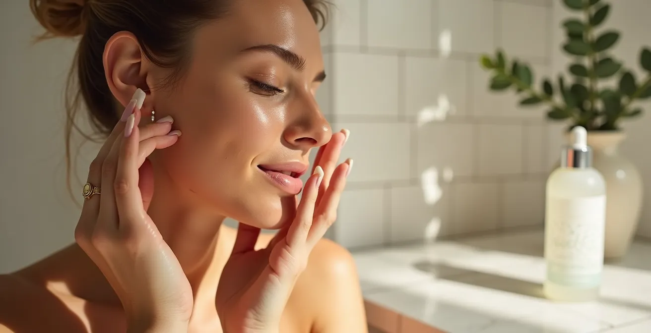 Mains appliquant délicatement un sérum hydratant sur les joues