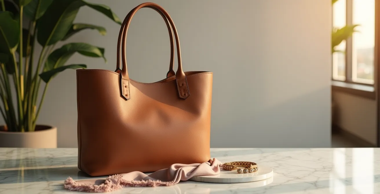 Sac en cuir structuré posé sur un bureau moderne avec accessoires élégants en arrière-plan