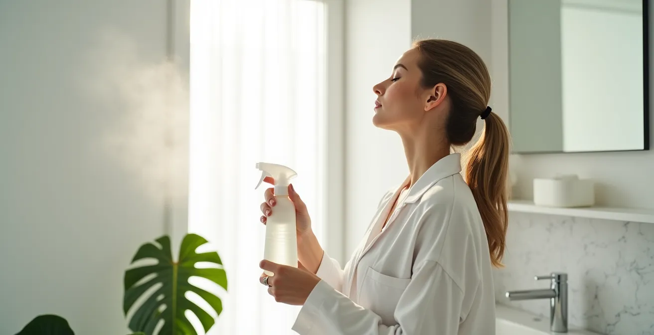 Femme vaporisant un spray fixateur sur son visage maquillé