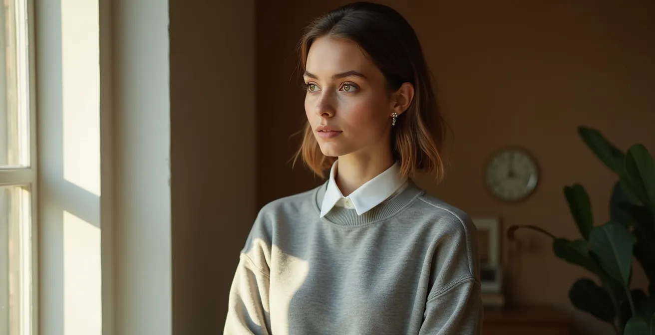 Vue de trois-quarts montrant la superposition raffinée d'une chemise Oxford sous un sweat minimaliste