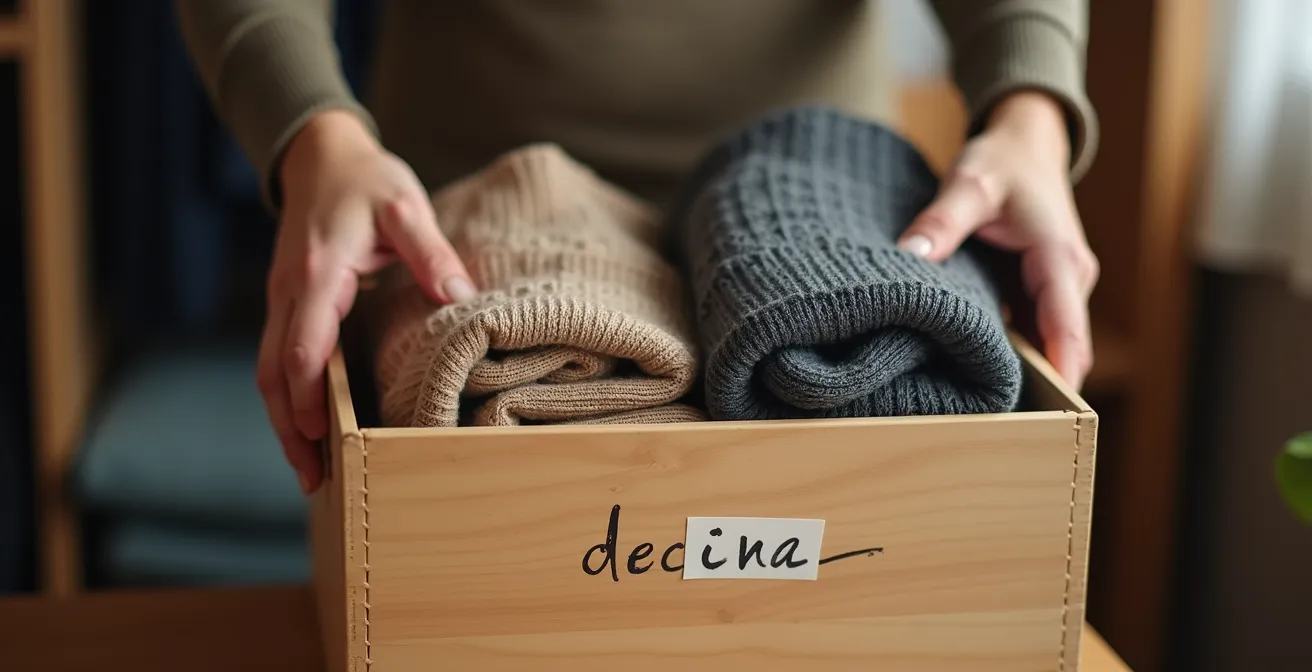 Boîte de tri temporaire avec vêtements en attente de décision dans un dressing organisé