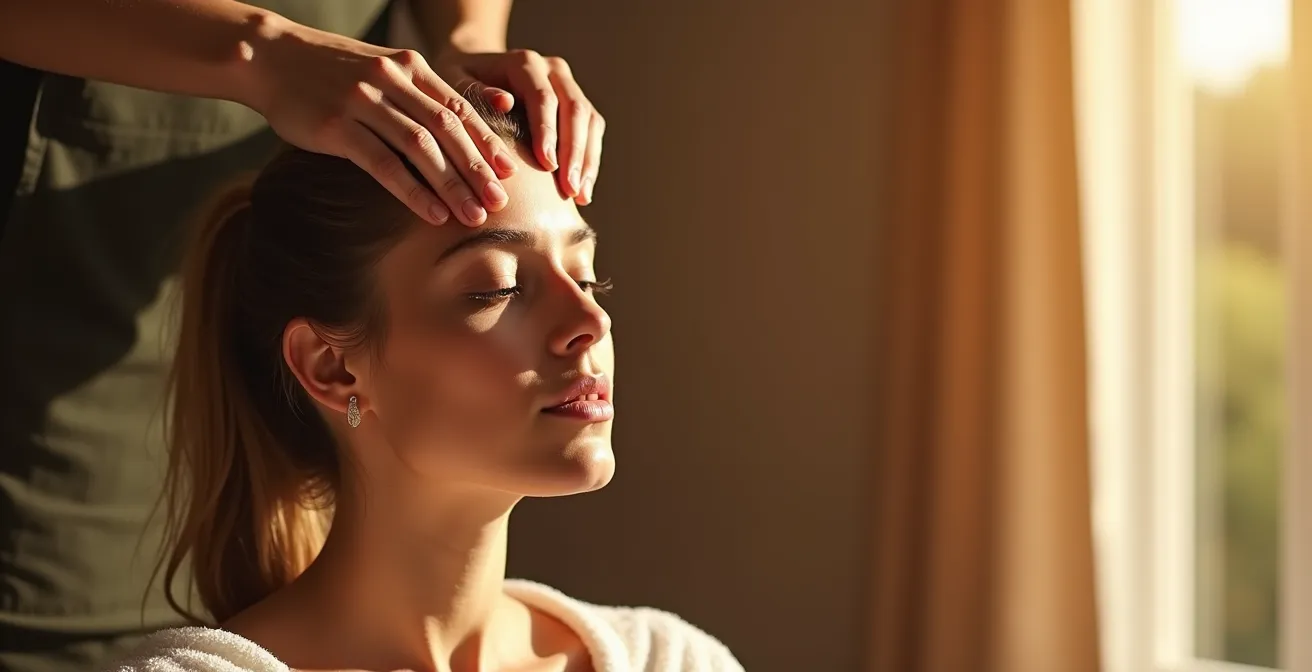 Vue latérale d'une personne pratiquant le drainage lymphatique crânien avec mouvements des doigts visibles