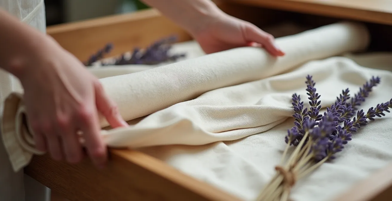Vêtements en lin roulés délicatement dans une armoire en bois avec lavande