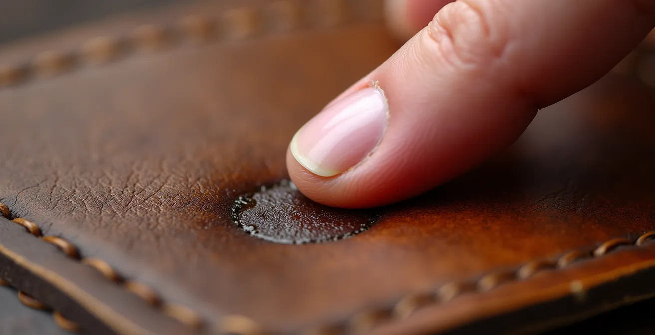 Main appliquant une pression du pouce sur une éraflure de cuir pour la réparer