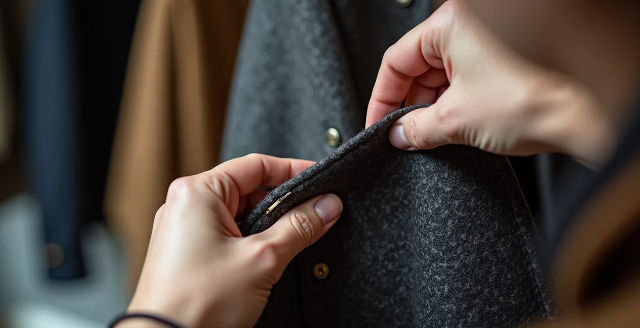 Mains expertes examinant les coutures d'un manteau en détail avec lumière naturelle