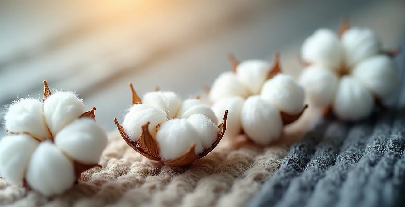 Vue macro de fils de coton entrelacés montrant les différentes étapes de transformation textile