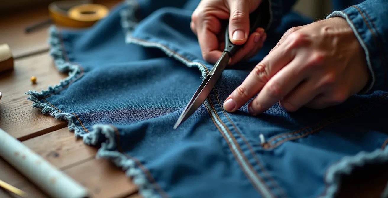 Mains travaillant sur la transformation d'un jean en short sur une table en bois