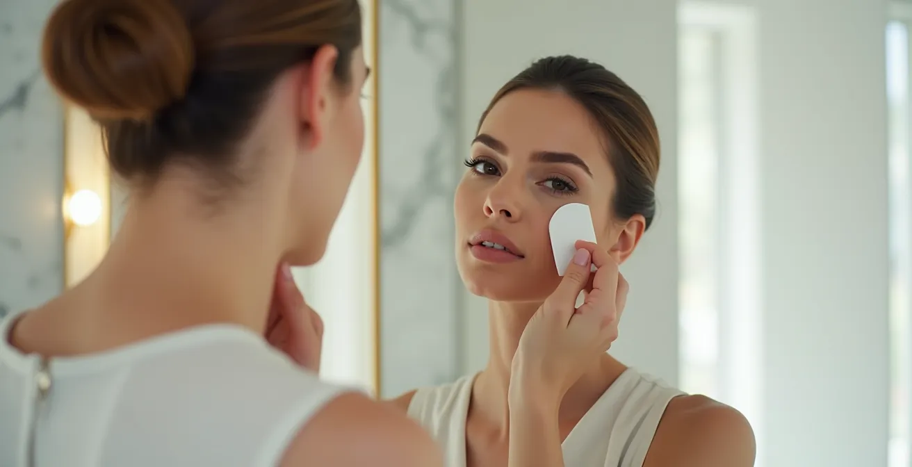 Femme utilisant délicatement un papier matifiant sur sa zone T pour des retouches discrètes