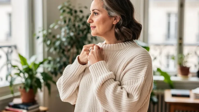 Femme portant un pull en maille française dans un appartement parisien lumineux